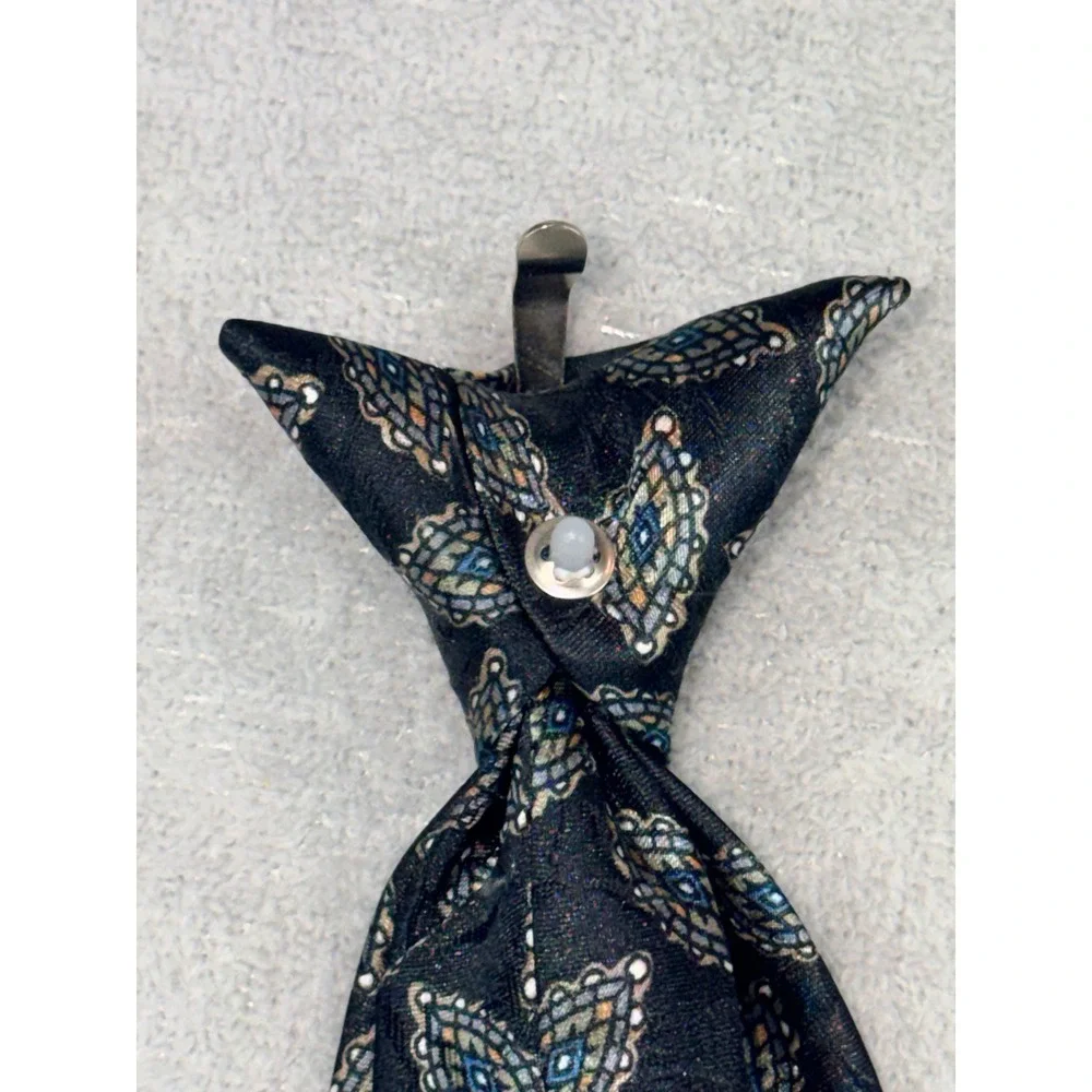 Wembley Mens Vintage Clip On Necktie Black Blue Gold Geometric Medallion Pattern